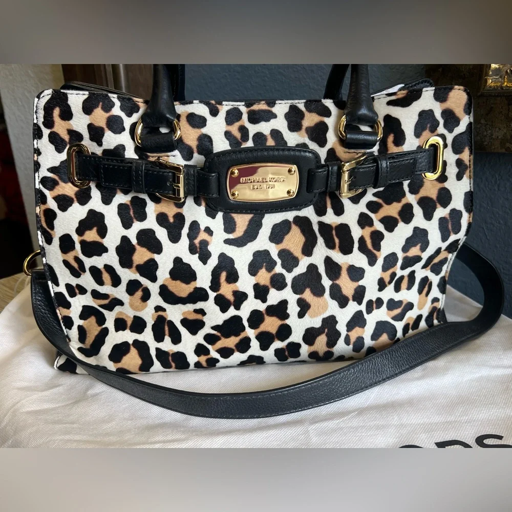 NEW!!! Michael Kors Leopard-Print Satchel in Black, Tan & Cream